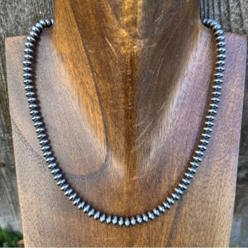 Southwestern 925 Sterling Silver 6mm Flat Saucer Pearls Bead Necklace 16 Inch